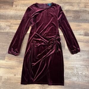 Burgundy Velvet Faux Wrap Ruched Tie Stretch Dress S Holiday Valentine C. Wonder